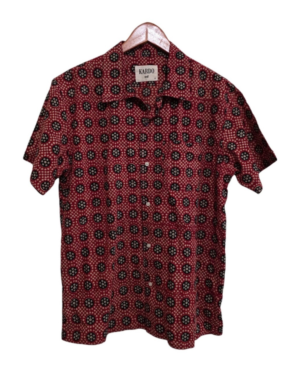 Kardo Mosaic Block Print Chintan Shirt in Red/Navy Size Medium
